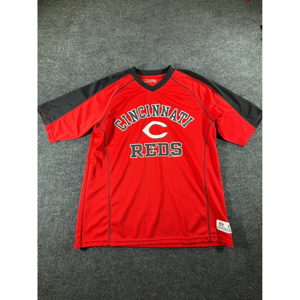 True Fan Cincinnati Reds MLB Jersey T-Shirt Mens Large Red Black‎ V-Neck 24343